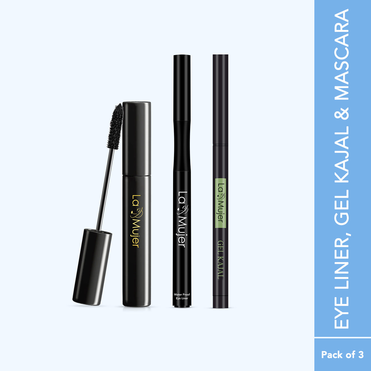 Waterproof Sketch Eyeliner, Gel Kajal & Smudge-Proof Curling Mascara (Pack of 3)